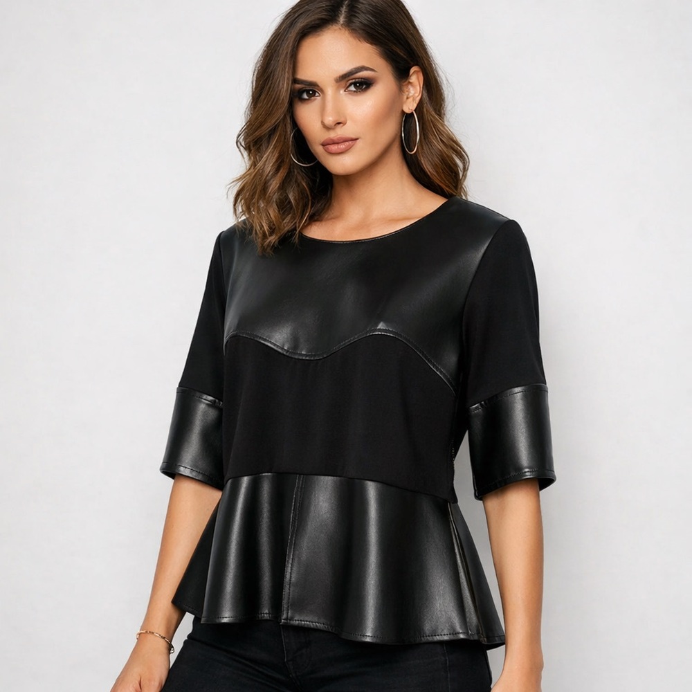 Gracia Black Faux Leather Peplum Top Short Sleeve Zip Back Women’s Large